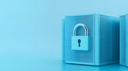 Poster - Secure data server with padlock, symbolizing cybersecurity, data protection, and digital safety in a blue-toned setting.