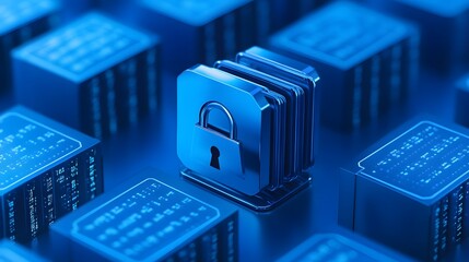 Poster - Secure data storage concept with a locked metal server in a blue digital environment, representing cybersecurity and data protection.