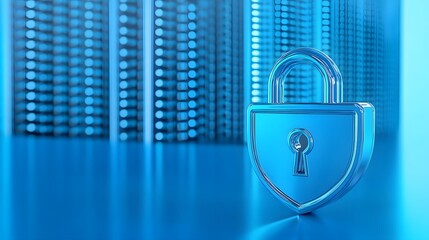 Poster - Secure data storage concept with a padlock and server racks, highlighting data protection and cybersecurity in a modern digital environment.