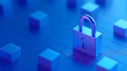 Poster - Secure digital concept with padlock on blue blocks. Symbolizing data protection, cybersecurity, and information security.