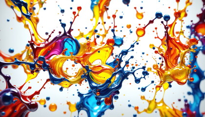 Poster - Colorful liquid splashes against a white background. Splashes are in various shapes and sizes, creating a dynamic and energetic composition