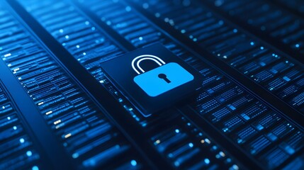 Poster - Secure server concept with a digital padlock symbolizing data protection and cybersecurity on a blue server background.