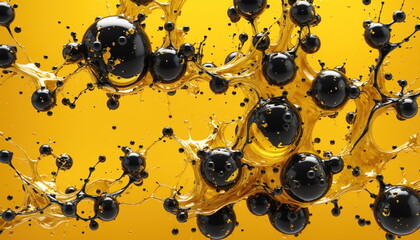 Poster - Black oil droplets suspended in a golden liquid, dynamic and abstract composition against a bright yellow background