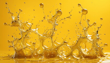 Poster - Golden liquid splashing on a yellow background, creating intricate patterns and droplets