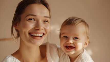 In a bright studio environment, a mother and her happy baby share a heartfelt moment.