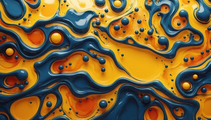 Poster - Abstract blue and yellow liquid swirls with bubbles
