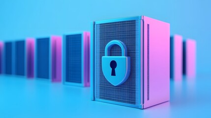 Poster - Secure server room with a row of locked cabinets under blue and pink lighting, emphasizing data security and protection.