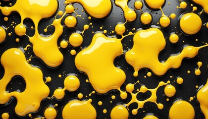 Poster - Close-up of vibrant yellow paint splatters and droplets on a black surface, creating a visually striking abstract pattern