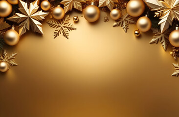 christmas gold background with balls and snowflakes, located at the top, plenty of free space for te
