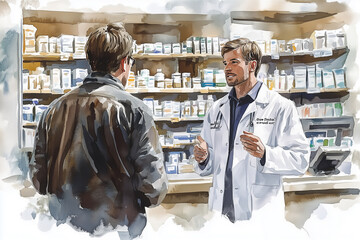 Wall Mural - Watercolor painting of male pharmacist talking with customer in pharmacy.