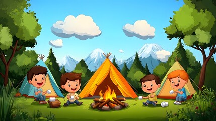 cartoon kids having fun at a summer camp with tents campfires and marshmallows