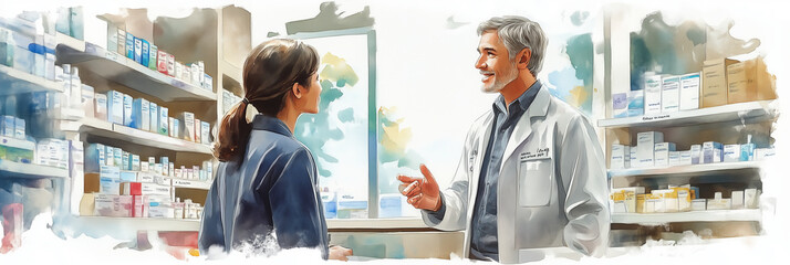 Wall Mural - Watercolor painting of male pharmacist talking with customer in pharmacy.