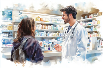 Wall Mural - Watercolor painting of male pharmacist talking with customer in pharmacy.