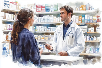 Wall Mural - Watercolor painting of male pharmacist talking with customer in pharmacy.