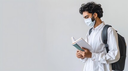 Wall Mural - Isolated Young Saudi Student Use Mask Wearing White Reading a Book Read Quran