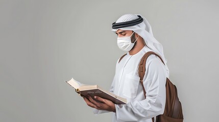 Canvas Print - Isolated Young Saudi Student Use Mask Wearing White Reading a Book Read Quran