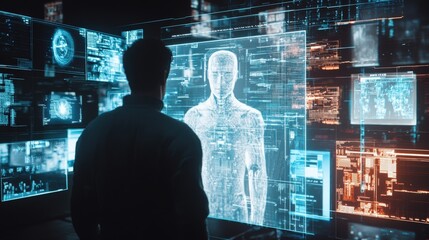 Poster - A person gazes at glowing holographic displays of artificial intelligence data and a humanoid figure in a dark, high-tech control room