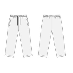 Wall Mural - Technical drawing of straight cut athletic pants with drawstring.  Template of basic kejual style athletic pants, front and back view. Outline sketch of joggers on white background, isolate on white