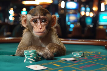 Animal Monkey plays poker blackjack in a casino, fantasy