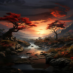 A vibrant sunset painting showcasing a winding river surrounded by trees, illustrating the calmness of nature at dusk.