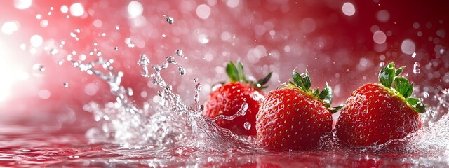 Wall Mural - A few strawberries and water splashes in the air against an red background with an strawberries and white color scheme