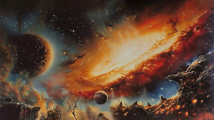 Wall Mural -   A painting depicts a cosmic scene featuring numerous planets, twinkling stars, and a prominent distant star at its center