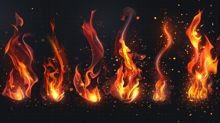 Poster - A collection of seven high-quality, realistic flames. Each flame has a unique shape and size, perfect for adding a fiery touch to your designs.