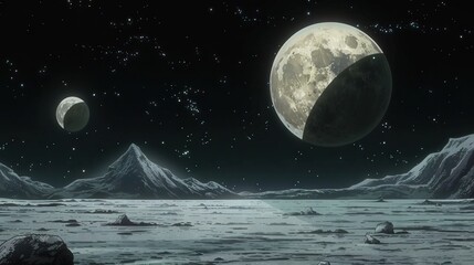 Poster -   An artist's depiction of three celestial bodies against a mountainous backdrop, surrounded by a sea of stars above