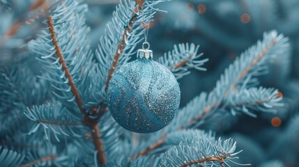 Canvas Print -   Blue Christmas ornament on tree branch with blurry snowy background