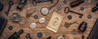 © Tryfonov - A collection of antique antiques is spread out on the table. Old coins, glasses, photography, glass bottles, keys, watch and compass. Vintage collection. History  background.