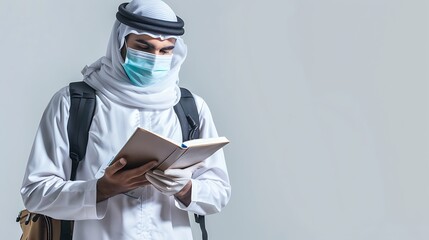 Wall Mural - Isolated Young Saudi Student Use Mask Wearing White Reading a Book Read Quran