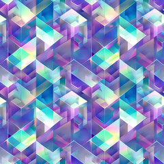 Vibrant multicolored abstract seamless pattern featuring geometric shapes and forms. intricate design showcases blend of blues, purples, and greens with reflective and modern aesthetic.