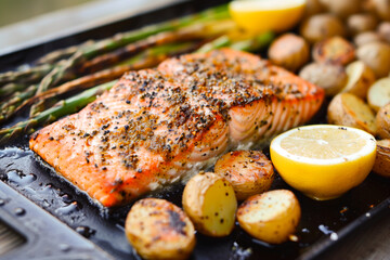 Wall Mural - Grilled salmon with roasted potatoes