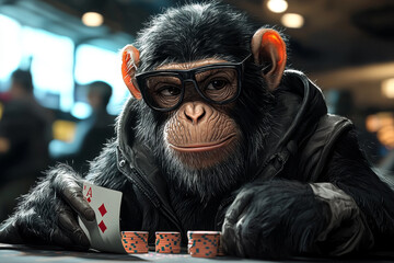 Animal Monkey plays poker blackjack in a casino, fantasy