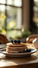 A plate of fluffy pancakes with maple syrup and berries, set on an elegant dining table in the morning light