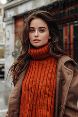 Wall Mural - Young brunette woman in a warm autumn orange knitted sweater and coat. Outdoor portrait