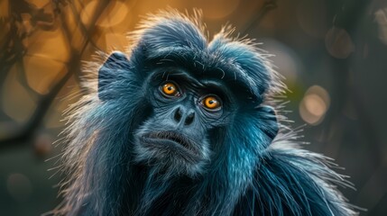 Poster -  A monkey's face, closely framed, with out-of-focus background and nearby tree branch