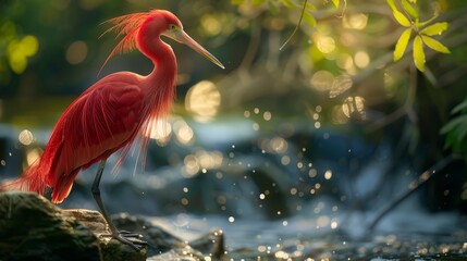 Poster -  A red bird perched on a rock by a water body, its long beak prominent Background populated with trees