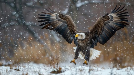 Canvas Print -  A bald eagle spreads its wings in the snow before the camera