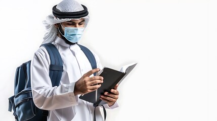 Canvas Print - Isolated Young Saudi Student Use Mask Wearing White Reading a Book Read Quran