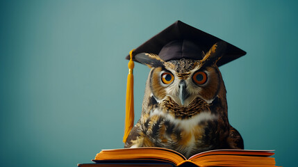 Wall Mural - Graduation cap-wearing owl with an open book on a teal colour backdrop with room for text. Teaching concept