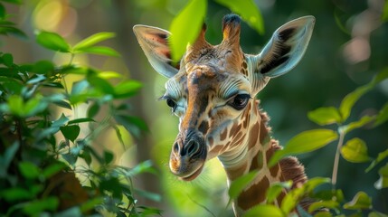 Sticker -  A giraffe's face, intimate and up-close, emerges from behind tree leaves Another giraffe stands nearby in the foreground