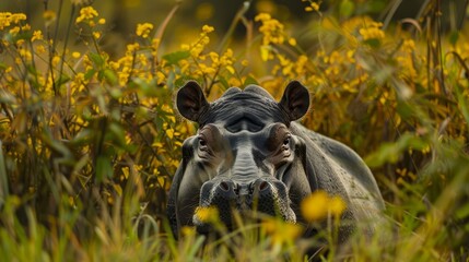 Wall Mural -  A tight shot of a hippo in a meadow teeming with tall grass and yellow blooms