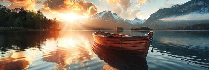 Poster - A wooden rowboat rests peacefully on a still mountain lake, bathed in the warm glow of a sunset. The mountains rise in the background, shrouded in mist. The sky is ablaze with fiery hues, reflecting o