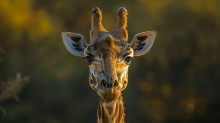 Wall Mural -  A tight shot of a giraffe's face against a hazy backdrop of trees