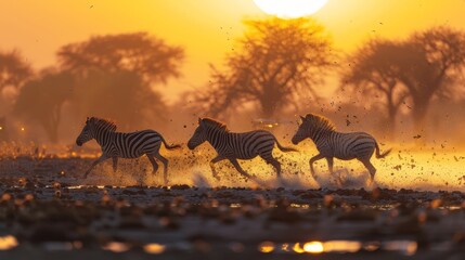 Wall Mural -  A group of zebras gallops through a field, trees dot the landscape in the background, and the sun sinks in the distant sky