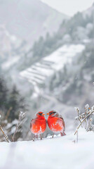 Two red birds on snowy branches in winter forest