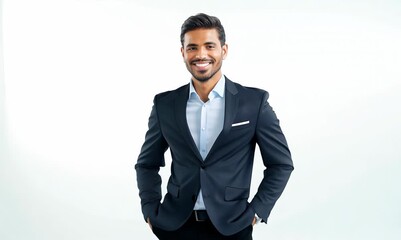 Wall Mural - Portrait of a happy businessman standing with hands in pockets over white background