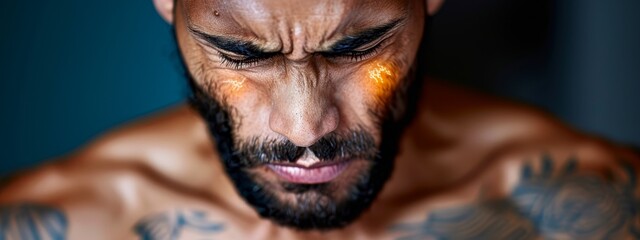 Wall Mural -  A tight shot of a man's face and exposed chest His left eye is illuminated by a yellow light, casting an intriguing shadow A visible tattoo adorns his