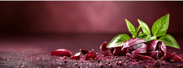 Sticker -  A tight shot of an arrangement of flowers on a table, adorned with sprinkles, and a solitary green leaf atop